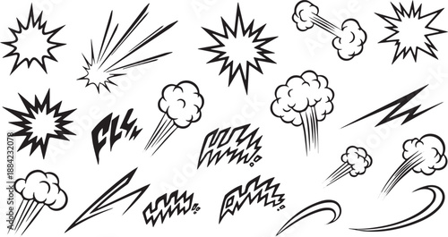 Collection of comic book style sound effect and action lines.