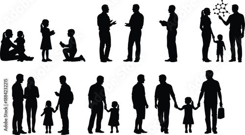 People silhouettes set showing family life, parenting, business communication and daily interactions, men women and children isolated on white background