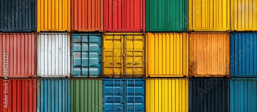 A vibrant display of colorful shipping containers arranged in a grid, showcasing a rainbow of hues