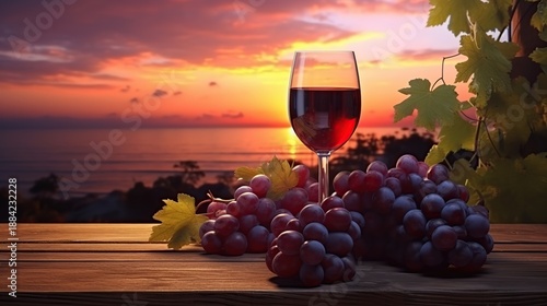 Wallpaper Mural Enchanting Sunset Vineyard Scene with Glass of Red Wine and Grapes on Wooden Table Torontodigital.ca