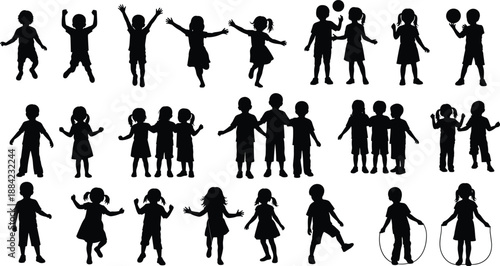 Children silhouettes collection showing playful kids jumping, dancing, and playing together, boys and girls isolated on white background for design use