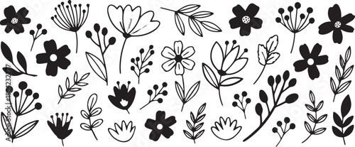 Collection of Hand Drawn Floral Elements and Leaves in Black and White.