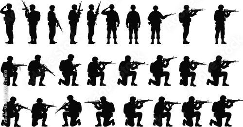 Military soldier silhouettes collection showing standing and kneeling combat poses with rifles, armed army figures isolated on white background