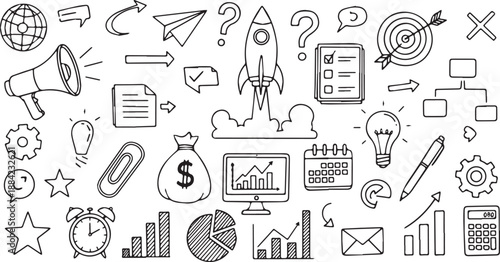Hand drawn business and startup icons set with rocket megaphone charts and lightbulbs.