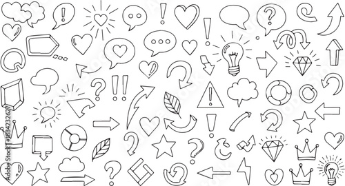 Hand drawn doodle elements collection with arrows speech bubbles and hearts.
