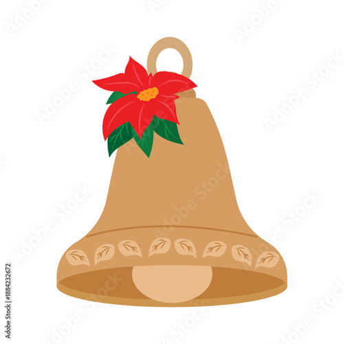 Flat vector illustration of Christmas bell with poinsettia