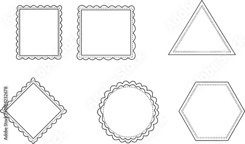 Decorative geometric shape set, flat vector illustration, scalloped and dotted borders, abstract design elements, isolated symmetrical icons collection