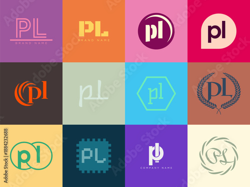 PL logo company template. Letter p and l logotype. Set different classic serif lettering and modern bold text with design elements. Initial font typography.