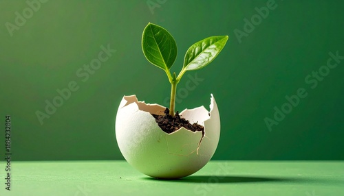 Green plant sprouting from cracked eggshell on green surface with green background
