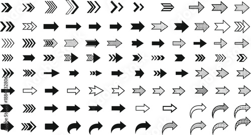 Right arrow icon set, flat vector illustration, directional symbols, chevron and curved arrows, UI navigation elements, isolated collection