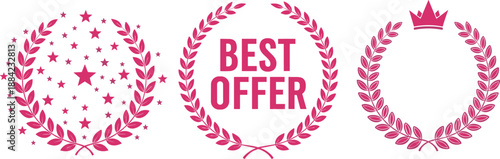 Pink laurel wreath badge set, flat vector illustration, best offer label, crown and star icons, promotional design collection