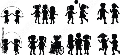 Children silhouettes playing together set with jumping rope, ball games, friendship and inclusion, black kids figures isolated on white background