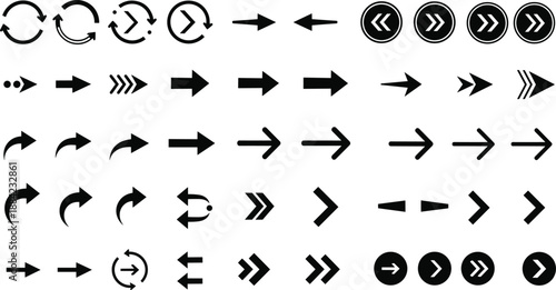 Arrow icon set, flat vector illustration, directional symbols, curved and straight arrows, UI navigation elements, isolated graphic collection