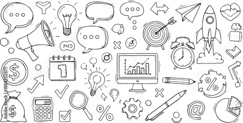 Handdrawn doodle set of business and marketing icons on a white background.