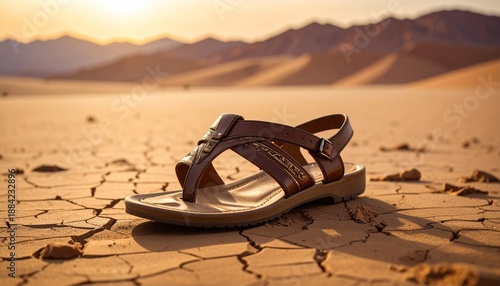 Single brown sandal on cracked desert ground with sand dunes and mountains at sunrise or sunset