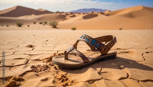 Single brown sandal on cracked desert ground with sand dunes and mountains at sunrise or sunset