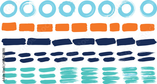 Brushstroke texture shape set, circular and rectangular ink marks, abstract artistic stroke collection, flat vector illustration