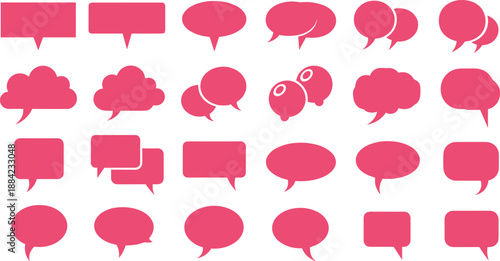 Pink speech and thought bubble icon set, communication symbol grid, dialogue UI elements collection, flat vector illustration