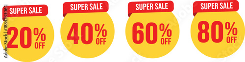 Super sale discount tag set, promotional offer label collection, retail marketing graphic template, price reduction badge, flat vector illustration