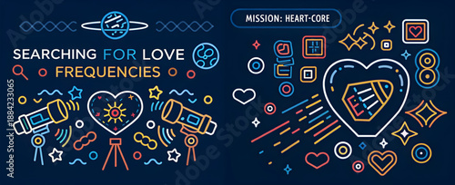 Neon heart symbols with love frequencies vector graphics