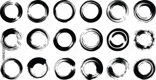 Zen enso brushstroke circle set, Japanese ink ring collection, abstract spiritual symbol grid, flat vector illustration