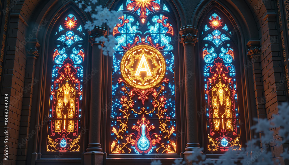 Obraz premium stained glass windows featuring vibrant colors and intricate designs, illuminated by light, creating a decorative ambiance for architectural settings