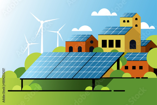 Sustainable community with rooftop solar panels and wind turbines, illustrating renewable energy, clean power and eco-friendly housing in a modern village landscape