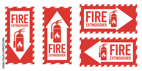 Fire extinguisher sign set. Firefighters tools for flame fighting. Fire extinguisher symbol, logo, badge, icon, sticker, label, banner, arrow, red, circle, line, flat vector, isolated illustration.
