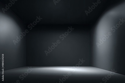 A darkened, empty room, dramatically lit. Ambient lighting creates soft highlights and shadows on the walls
