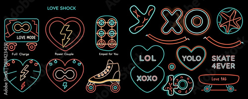 Neon signs with hearts love and skateboarding symbols on black