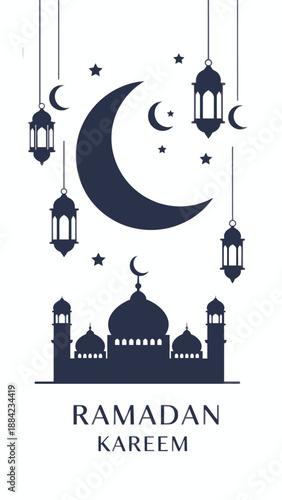 Ramadan Kareem Islamic Illustration with Mosque and Crescent.