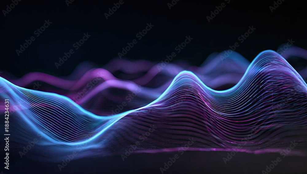 Fototapeta premium Abstract 3D rendering of glowing, undulating waveforms in shades of blue and purple
