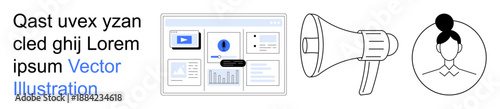 Digital marketing, online content, data visualization, audience targeting, communication, user engagement. A website dashboard, a megaphone and a user profile icon. Digital marketing and online