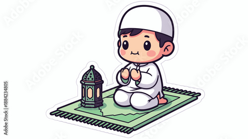Young Boy Praying on Prayer Mat.