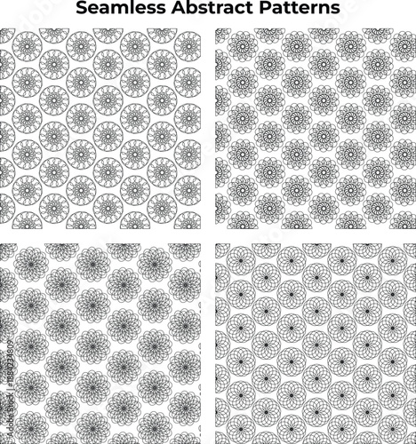 Seamless Abstract Geometric Patterns in Black and White, Circular Floral Line Art Pattern Set