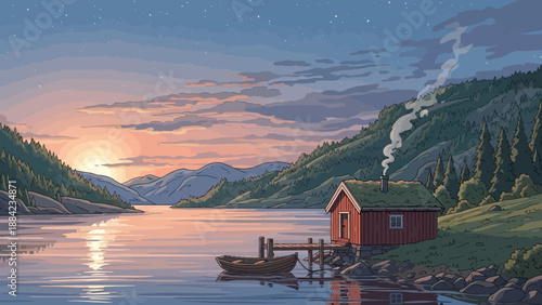 Serene lake scene at dusk with a small red cabin, dock, and mountains in the background under a starry sky