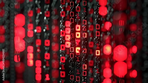 Abstract visualization of digital code with red binary digits on a dark background, representing concepts of cybersecurity, data flow, and information technology. ideal for tech and cybersecurity them
