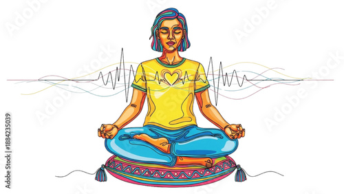 High-Quality Continuous Line Colorful Icons of Meditation on Cushion, Calm Expression, Deep Breathing with Heart Waves