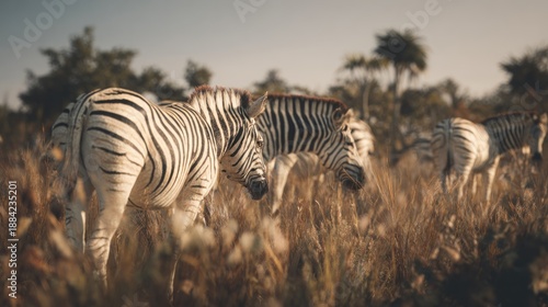 Captivating zebras grazing serenely amidst golden savannah grasses landscape
