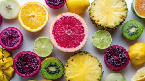 Vibrant assortment of fresh, juicy, and colorful fruit slices on white background