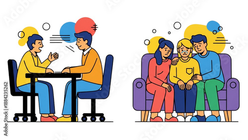 High-Quality Continuous Line Colorful Icons of Therapy Session, Person Talking to Therapist, Friends Offering Emotional Support
