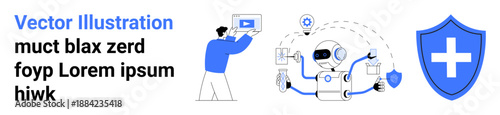 Person operating device and robot performing multitasking with data icons, surrounded by shield emphasizing cybersecurity. Ideal for tech, AI, teamwork, automation, data protection, healthcare