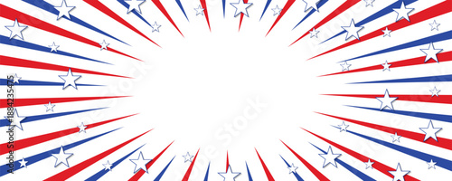 Groovy starburst or sunburst background with red, white, and blue stripes and stars. American patriotic pattern. USA traditional backdrop. Great for web banners, cards, posters, social media
