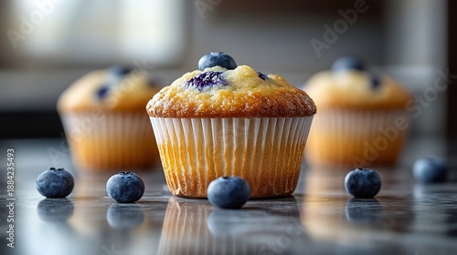 Freshly Baked Blueberry Muffins Resting on a Rustic Wooden Table with Blueberries