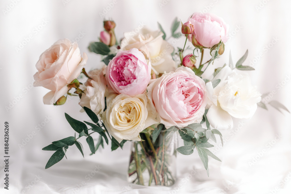 Obraz premium Elegant Valentine bouquet of mixed roses and peonies in pastel tones, styled on minimal white background with soft shadows, perfect for flower shop or greeting card visuals