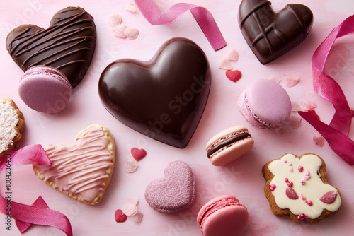 Flat lay of Valentine's sweets including chocolate hearts, macarons, cookies, ribbons, pastel background, commercial dessert photography