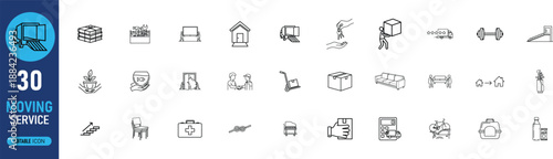Moving Service icon set. Including truck, box, pack, transport, relocate, logistics, delivery, van, storage, load. Line art silhouette vector illustration