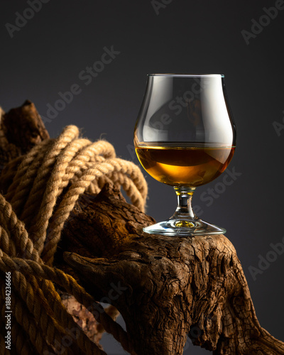 Tableau sur toile Brandy snifter and rope on a old wooden snag.