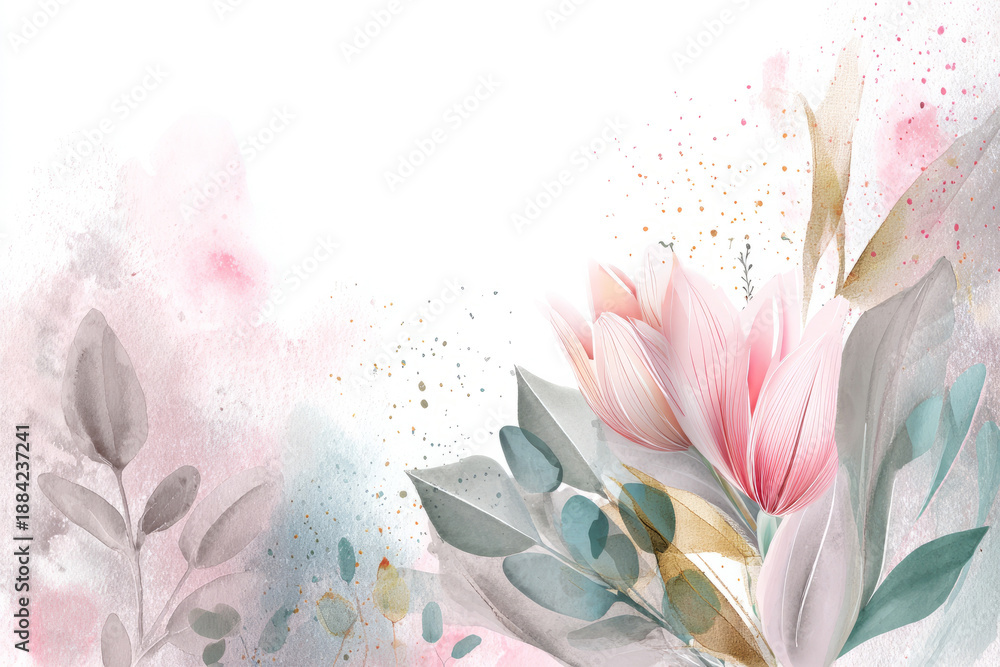 Fototapeta premium Watercolor botanical border with tulips, soft leaves, pastel splashes, textured background, pretty International Women's Day greeting card design