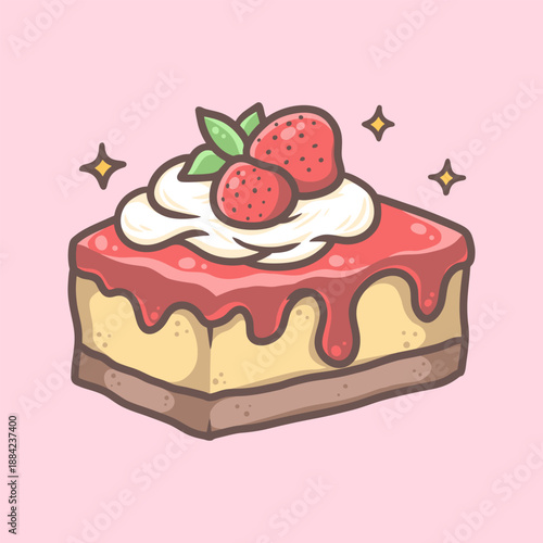 Cute Strawberry Cheesecake Illustration for Icon, sticker and other uses, hand drawn vector style.